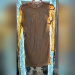 Gold Long Sleeve Embellished Dress Flesh tone